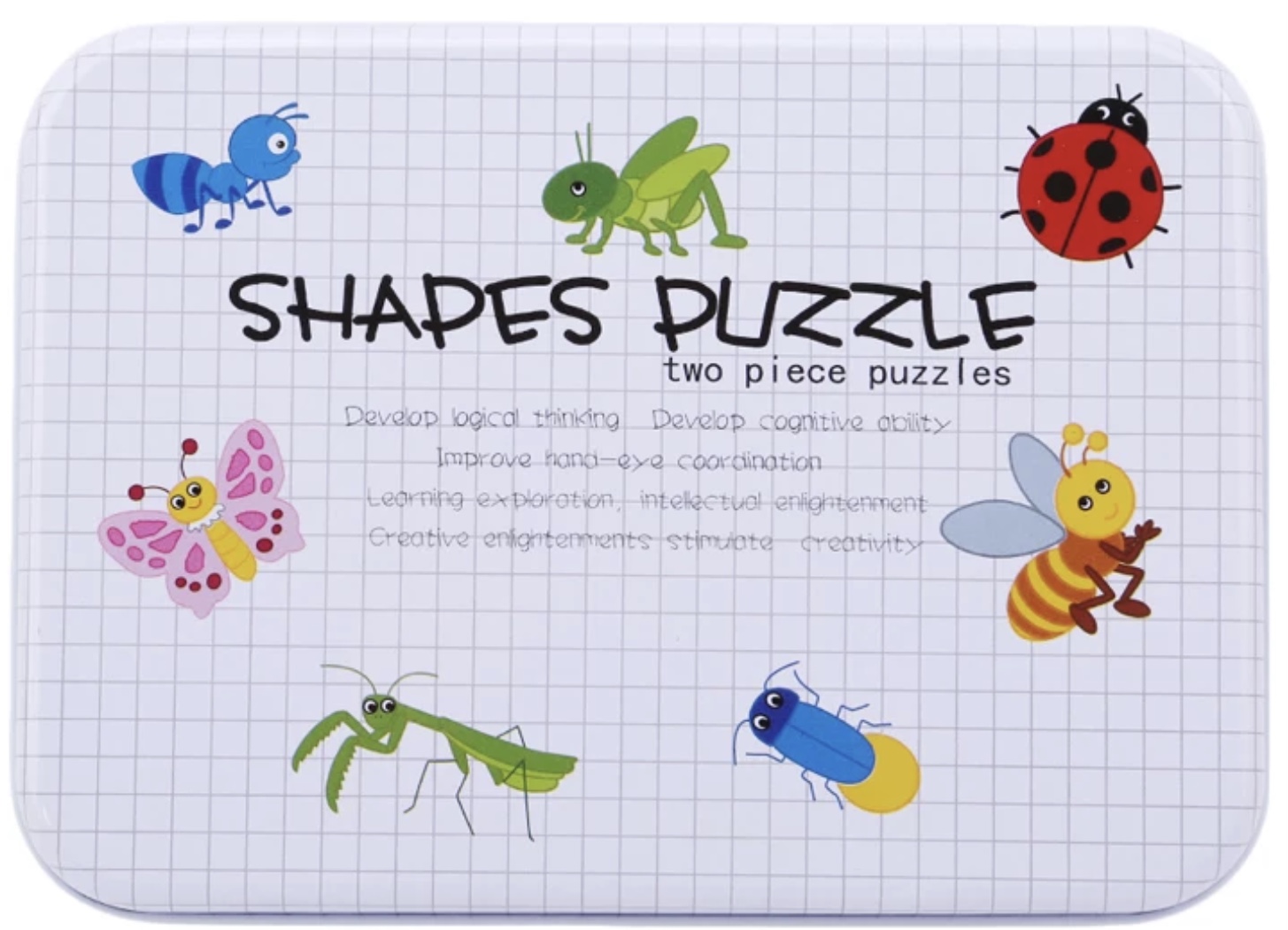 Puzzle din lemn format din două piese în pază ridicat copiilor de doi ani el fiind ambalat în cutie de tablă care are o diversitate de modele și culori