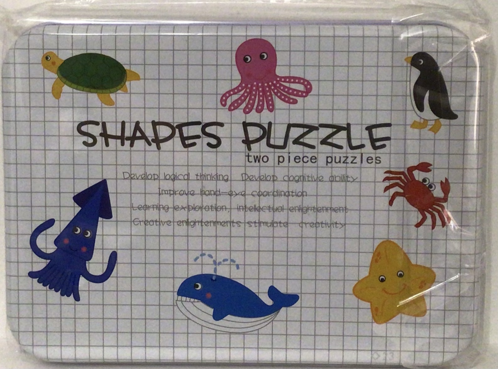 Set puzzle din lemn din două piese mari având ca tematică  animale marine puzzle este încorporată într-o cutie de tablă frumos și viu colorate indicat copiilor de doi ani