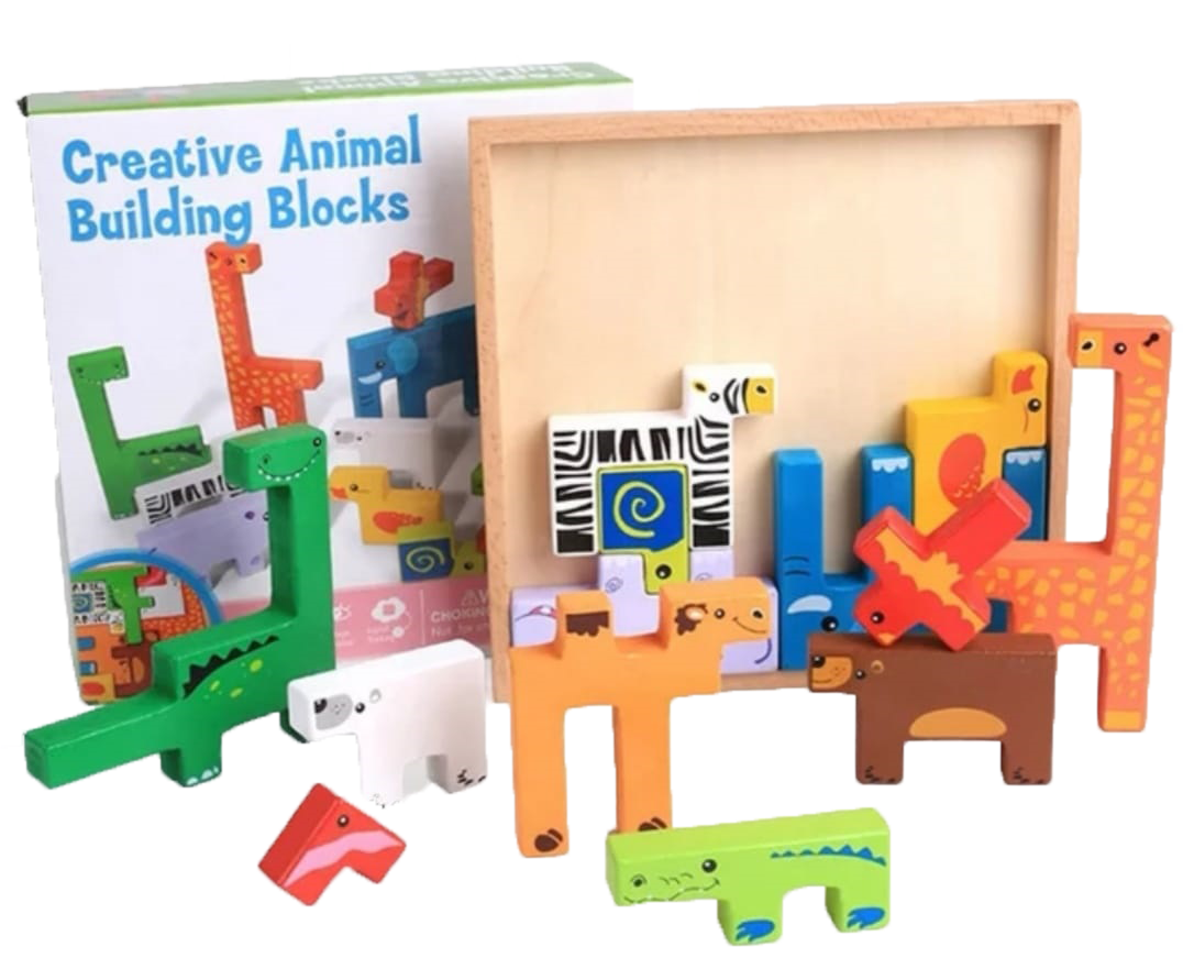 Joc Tetris din lemn cu piese tip cuburi colorate cu forme de animale, din lemn, cu diverse forme geometrice ce trebuie combinate in cutia-suport din lemn pentru a forma imaginea completa.

Acest joc din lemn stimuleaza creativitatea si gandirea logica ajutand copilul sa invete forme, culori, rezolvarea unui joc puzzle complicat.

Tetrisul din lemn cu animale 3d este varianta speciala a jocului tetris clasic, cuburile avand forme de diferite animale, frumos colorate, pe care copilul trebuie sa le combine si sa formeze jocul complet.

Prin joaca cu acest tetris copilul va putea invata animale, va invata sa vizualizeze potrivirea in mod logic a formelor geometrice, va reusi sa se concentreze mai usor, invatarea de forme si rabdarea.

Dorinta de a reusi sa termine jocul, sa formeze imaginea completa il vor tine ocupat intr-un mod educativ.

Animalele pot fi folosite si in mod individual, sub forma de mini-figurine din lemn 3d.

Varsta recomandata: 3 ani+

Dimensiuni: 19.5 x 19.5 x 1.8 cm