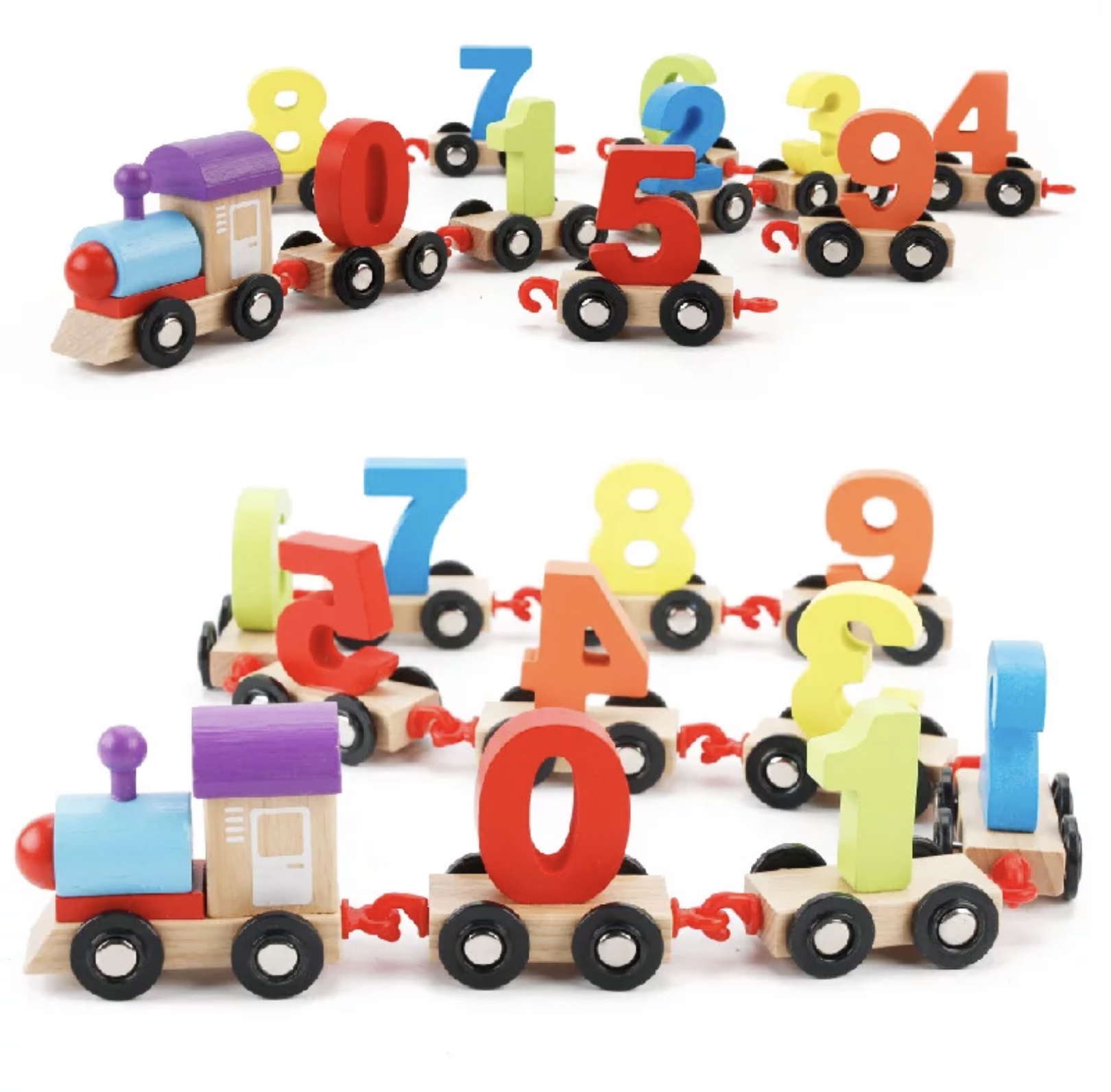 Tren din lemn cu numere frumos colorate pentru copii educativ de varsta 3ani