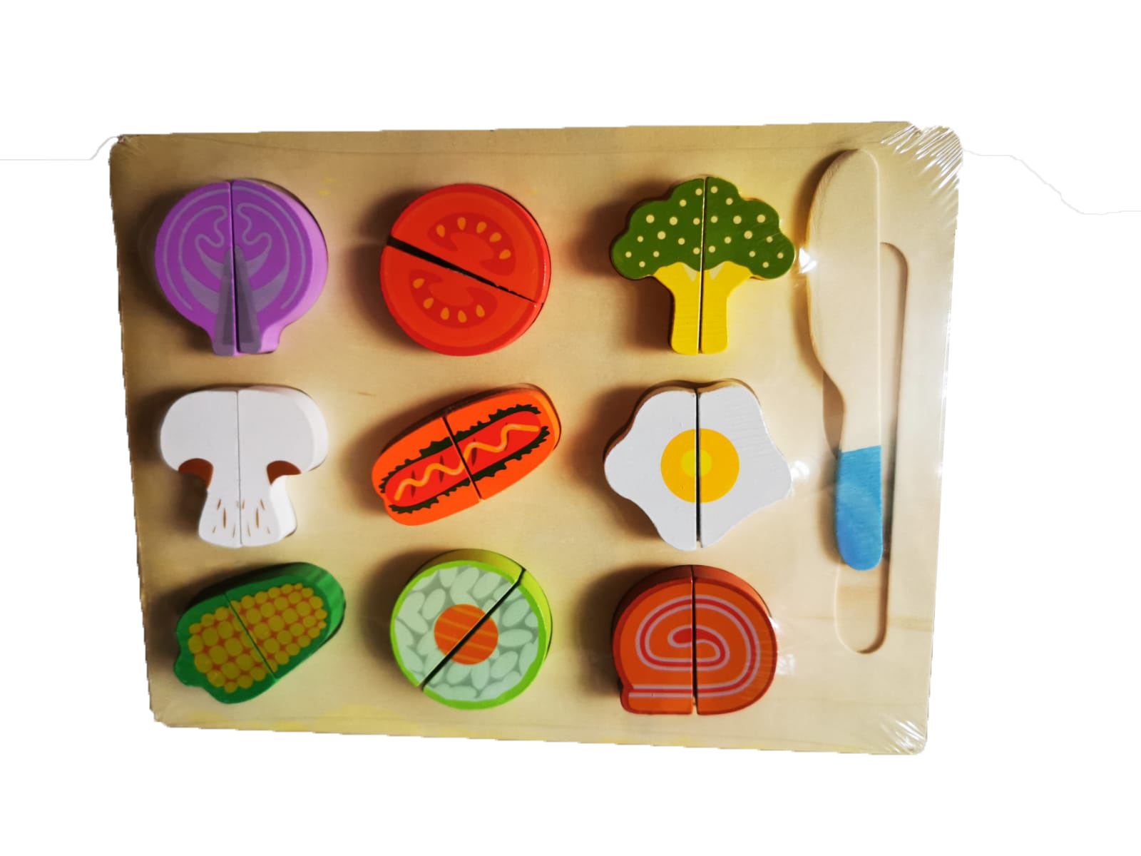 Puzzle multifunctional din lemn – feliem alimente din lemn – o activitate practica de joc de rol – in bucatarie – tip   pentru cei mici.

Acest puzzle include alimente din lemn, un blat si un cutit cu care copilul poate felia.

 