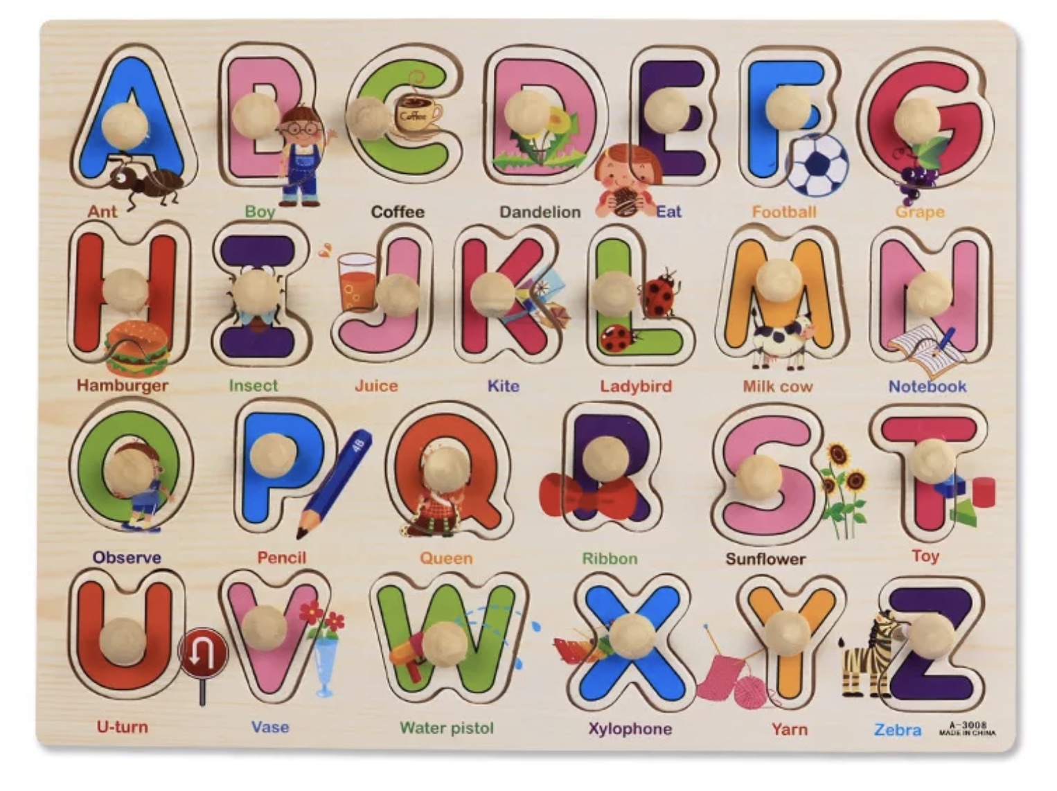 Puzzle din lemn cu litere tip planșă cu 20 șapte de piese cu butoni sub fiecare piesă se găsește desenată imaginea fiecărei litere