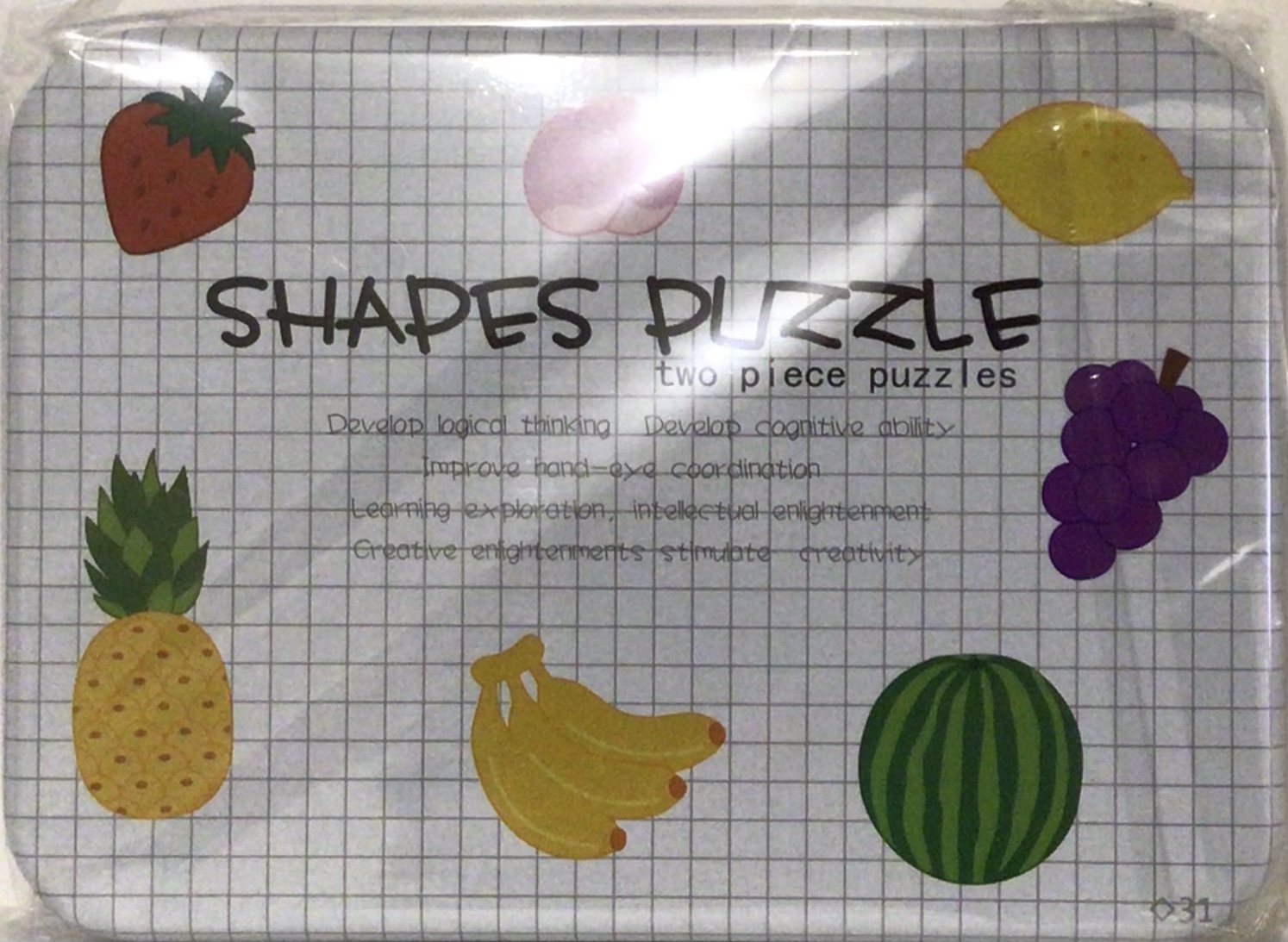 Set puzzle din lemn în cutie de toamnă frumos colorate ce au ca obiect de joacă cunoaștere a fructelor exotice și autohtone puzzle  este compus din două piese pentru copii de doi ani