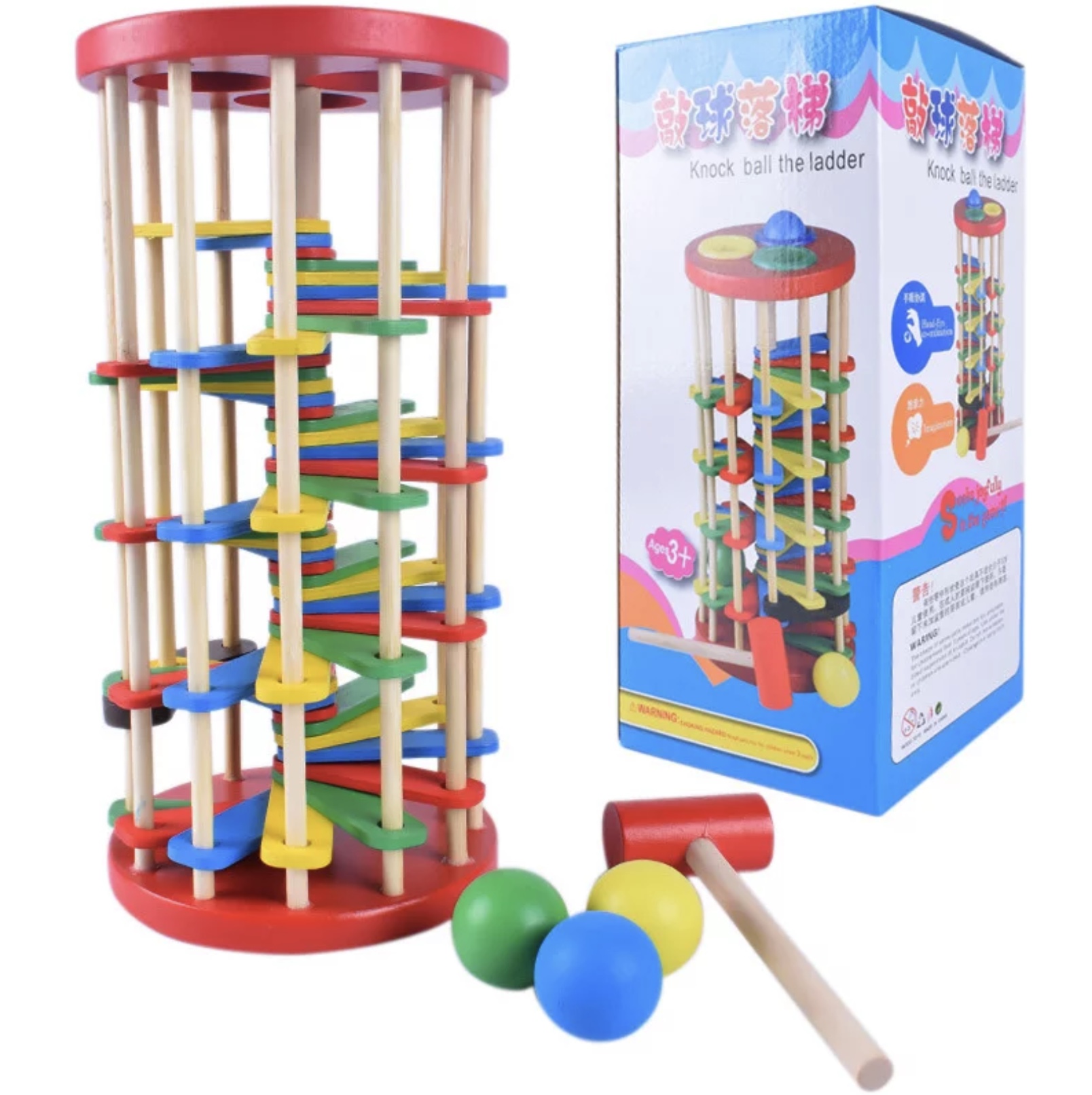 Joc din lemn de tip cilindru cu bile de plastic și ciocan pentru unde mânare de tip Montessori pentru copii de vârsta peste trei ani