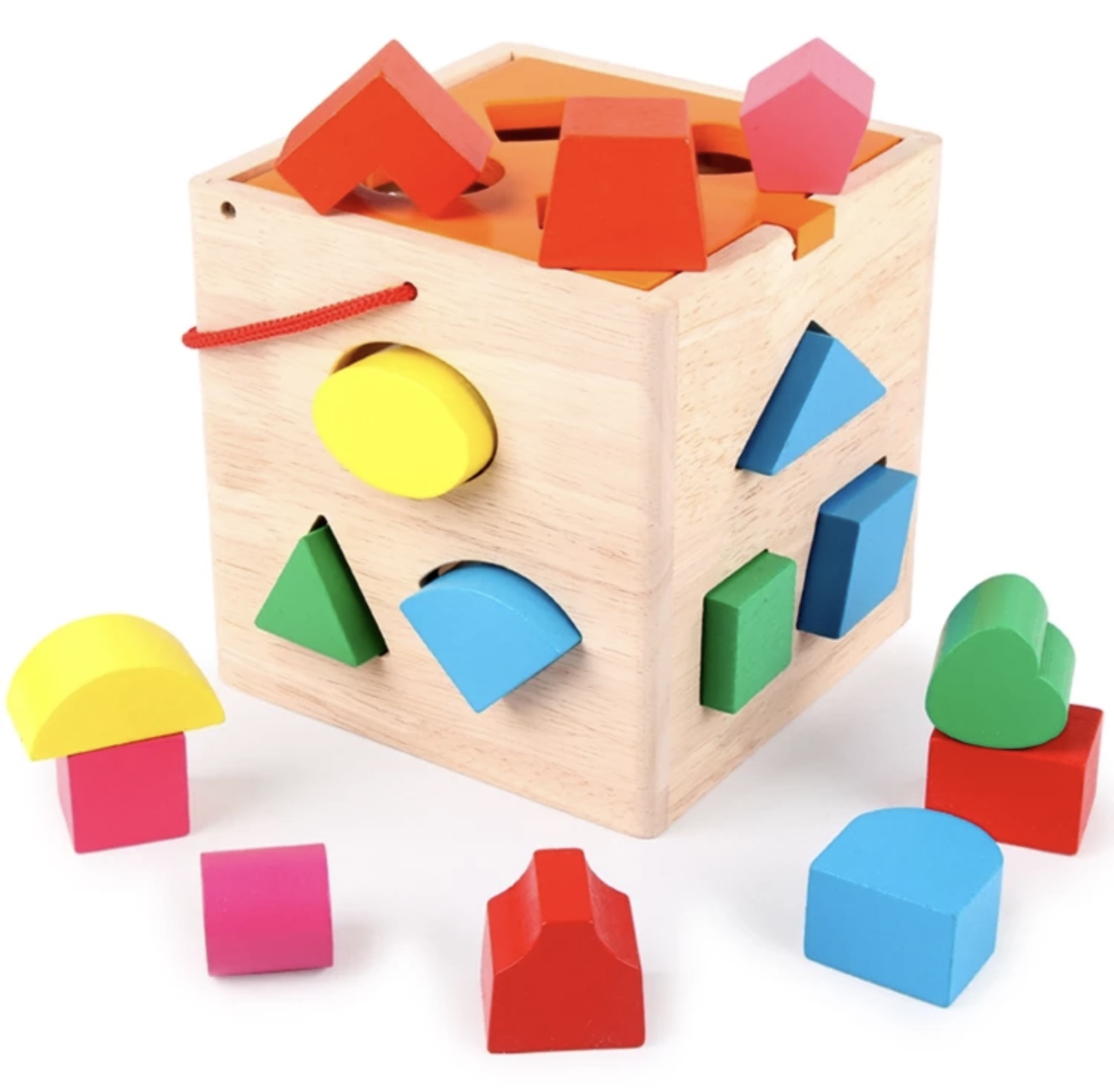Cub sortator din lemn cu diverse forme geometrice învață formele și culorile în același timp în momentul în care cei mici forma corectă jucăria îți plătește cu un clichet și cad in cutia din lemn
