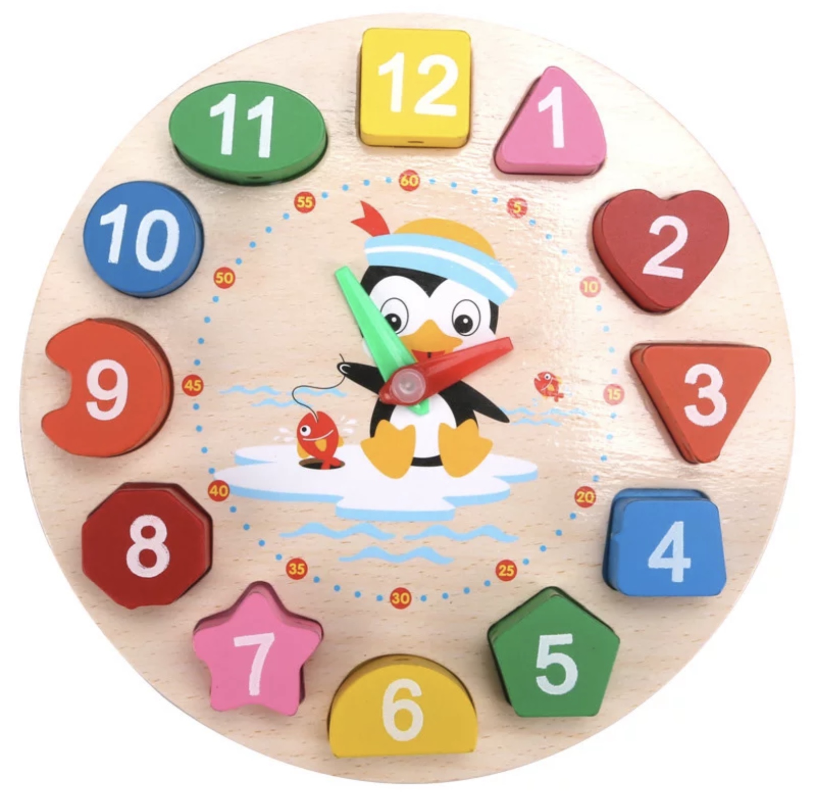 Ceas din lemn cu numere care se pot detașa de ceas un joc cu care copiii pot învăța într-un mod distractiv numerele și formele geometrice jocul conține și snur  care se pot introduce numerele