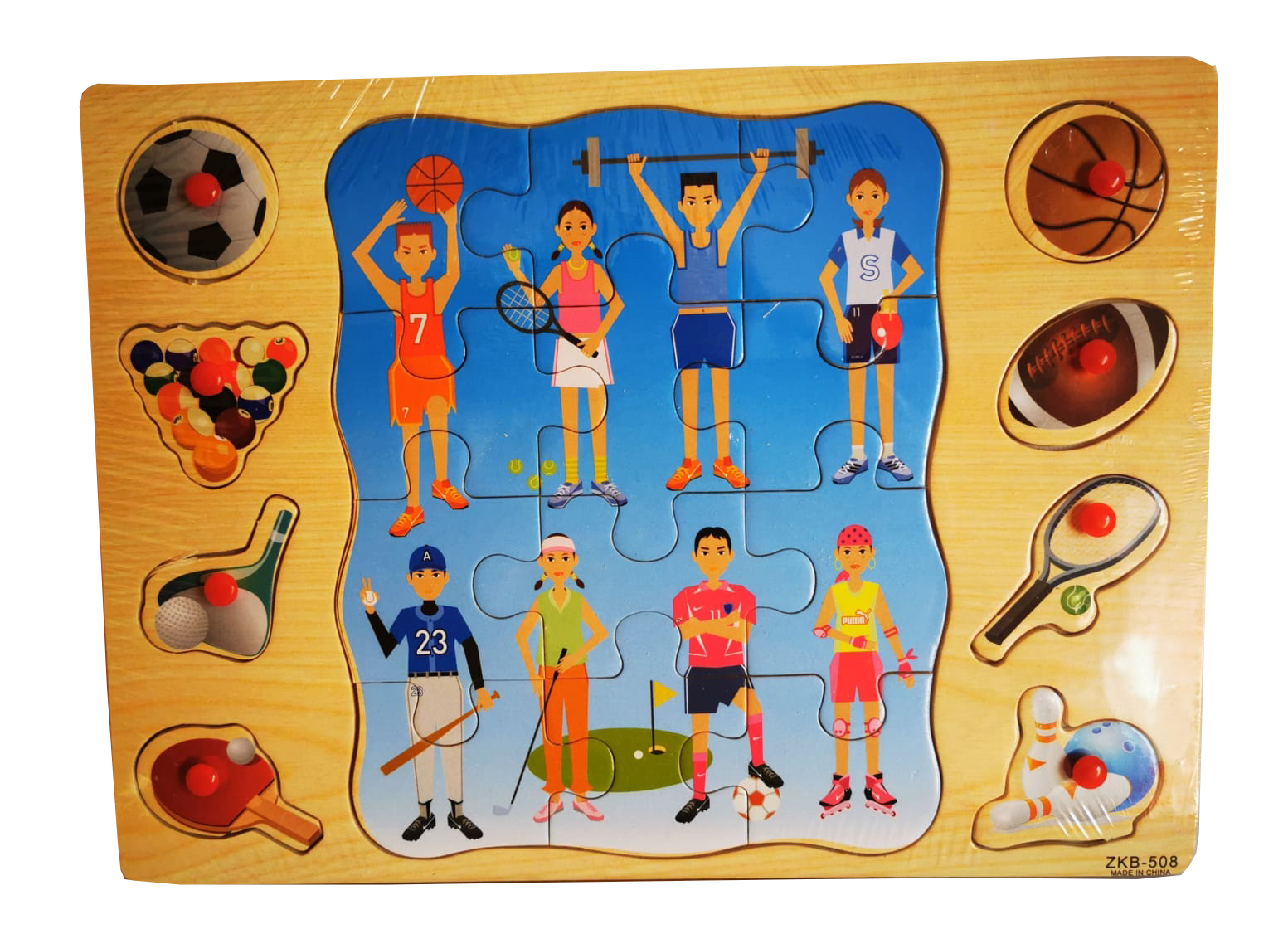 Acest puzzle realizat din lemn poate ajuta si distra in acelasi timp deoarece modul prin care acesta o face nu produce plictiseala,  puteti invata sporturile preferate si multe altele!
Acesta contine 8 piese !